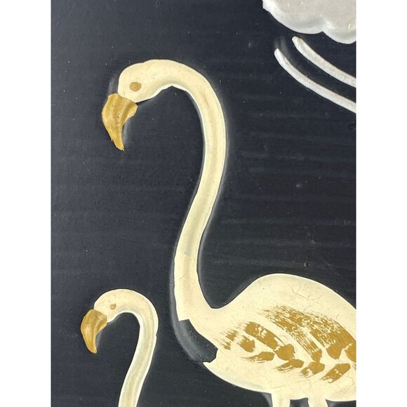 Vintage 60s chalkware, pair of flamingo plaques, black, gold, silver, GC Japan - Picture 5 of 10